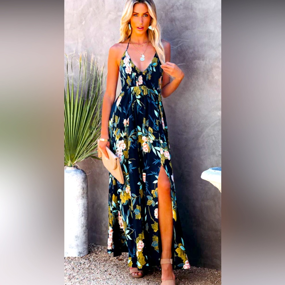 Beautiful Flowers Smocked Halter Maxi Dress